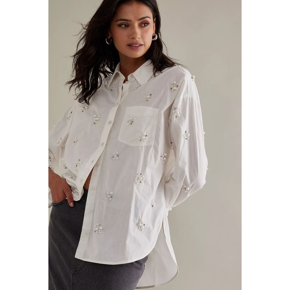 Anthropologie Bennet Buttondown Shirt by Maeve Pearl-Embellished Edition XS NWT